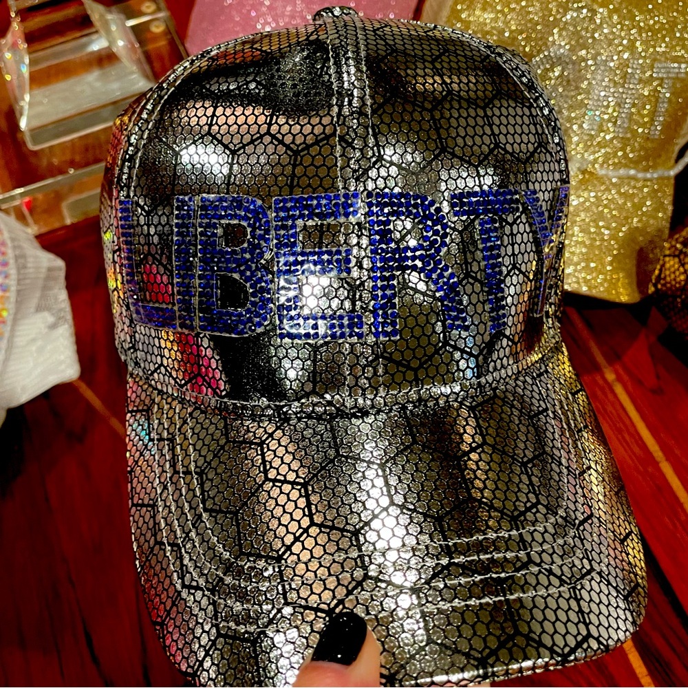 NWT Custom Made ”Liberty” blue rhinestones, silver, metallic honeycomb print cap